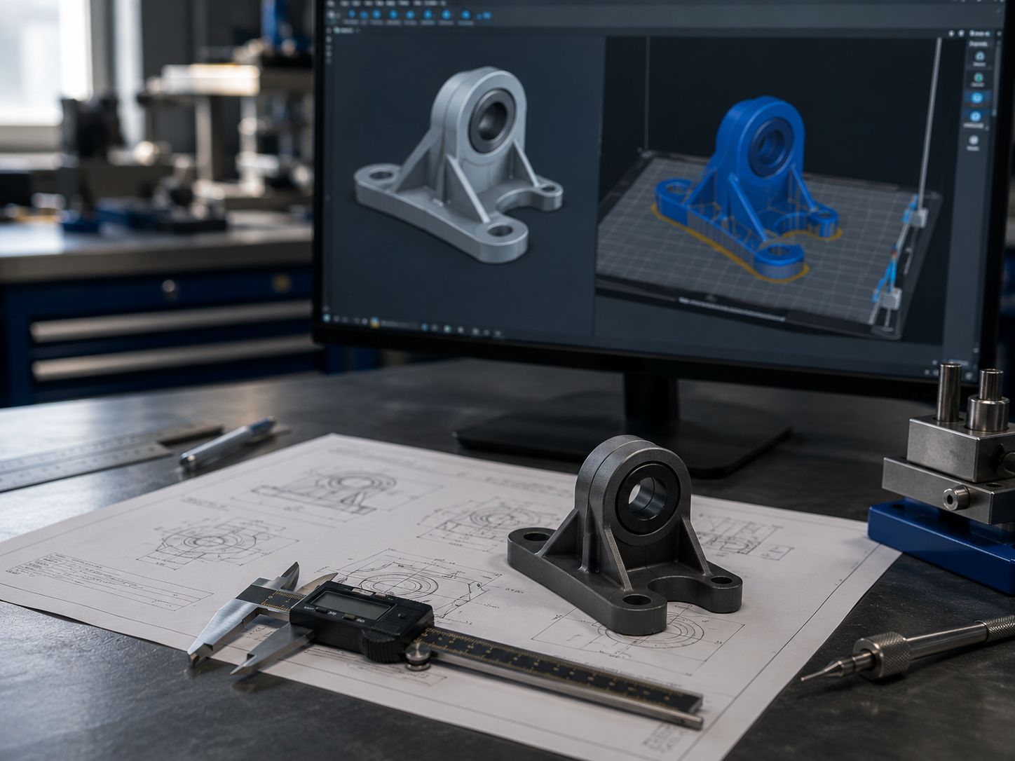 Placeholder: archivo CAD, plano técnico, revisión y pieza fabricada