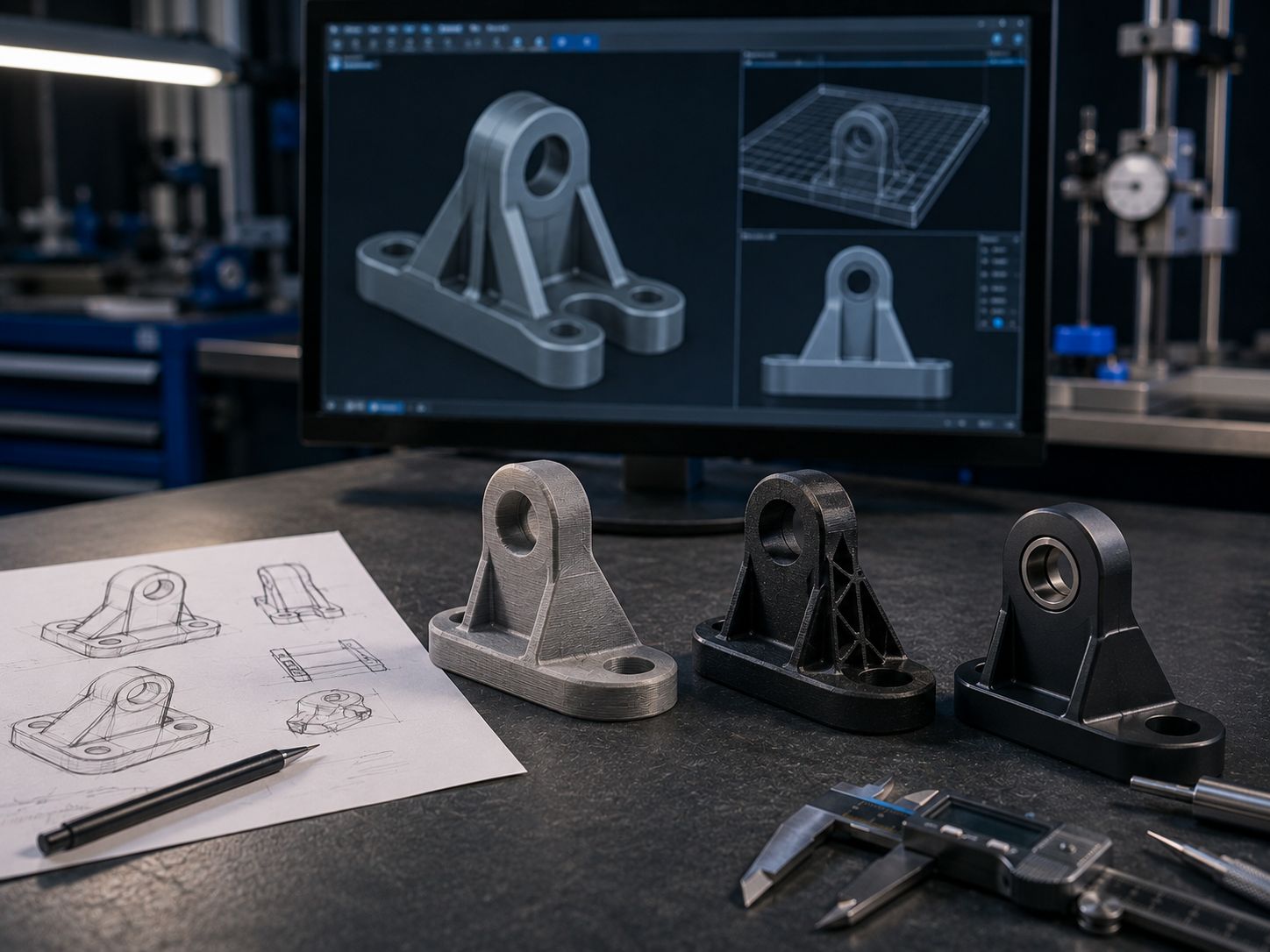 Placeholder: boceto, modelo CAD, prototipo y versión final
